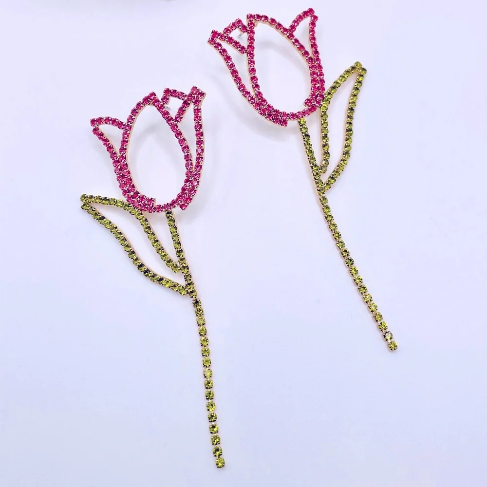Zara Pink Tulip Rhinestone Earrings - Picture 2 of 5